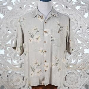 Vintage Modern Images 100% Silk Hawaiian Shirt L Gray Floral Muted